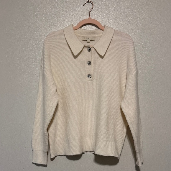 LOFT Sweaters - LOFT Cream Collared Knit Pullover with Decorative Buttons